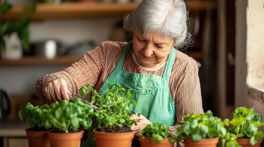 Vasos com ervas aromáticas como manjericão, hortelã e cebolinha em uma varanda ensolarada.
